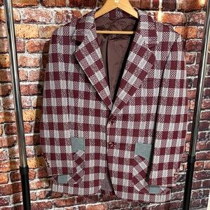 Vintage plaid Checkered Blazer sportscoat Men’s 40 maroon grey textured rocker